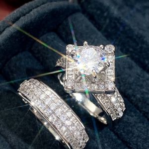Fashion Silver 4A Zircon Square Engagement Wedding Rings 2pcs Ring Set